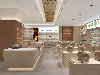 Neat Specialty Store Interior With Wooden Shelves Displayed Products Counter And Lighting 3d model