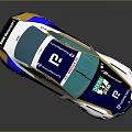 Blue And White Racing Car With CAT BMW Logos Gold Wheels And Green Windows