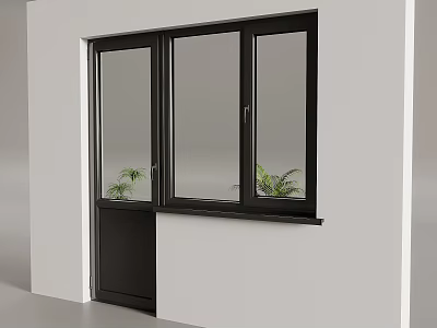 Modern Black Frame Casement Window With Double Panel And Green Plants On Sill 3d model
