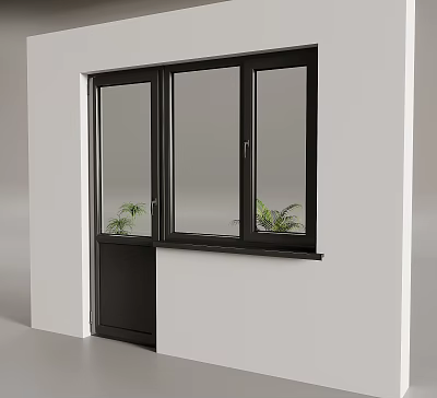 Modern Black Frame Casement Window With Double Panel And Green Plants On Sill 3d model