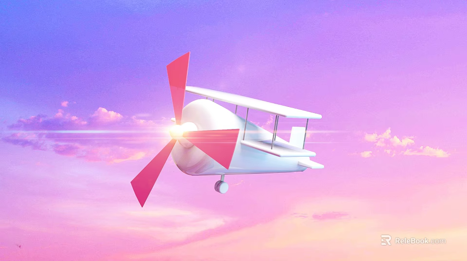 Vintage Passenger Airplane Flying In Pastel Colored Sky With Red Propeller 3d model 