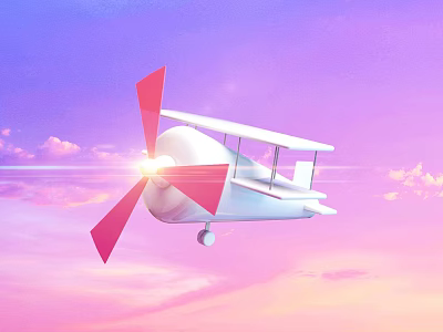Vintage Passenger Airplane Flying In Pastel Colored Sky With Red Propeller 3d model