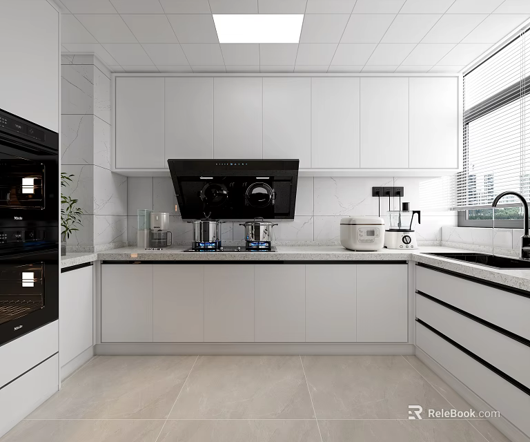 Modern Kitchen Interior With White Cabinets Black Range Hood Appliances And Light Colored Floor 3d model 