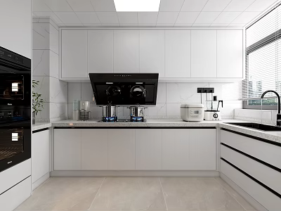 Modern Kitchen Interior With White Cabinets Black Range Hood Appliances And Light Colored Floor 3d model