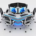Modern Hexagonal Office Desk Setup With Multiple Monitors Ergonomic Chairs And Blue Lighting 3d model