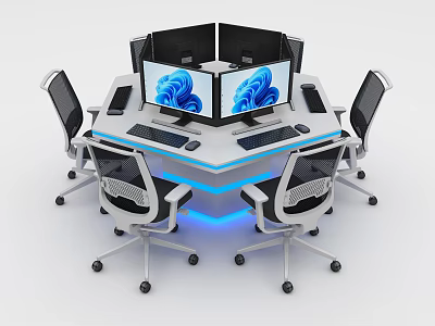 Modern Hexagonal Office Desk Setup With Multiple Monitors Ergonomic Chairs And Blue Lighting 3d model