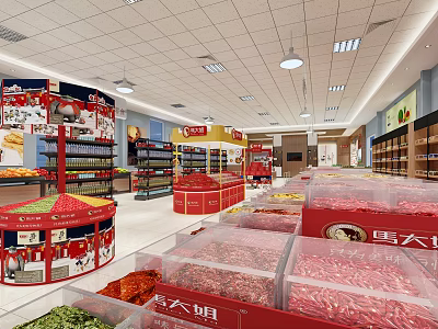 Modern Supermarket Interior With Red Promotional Shelves Diverse Products And Open Layout 3d model