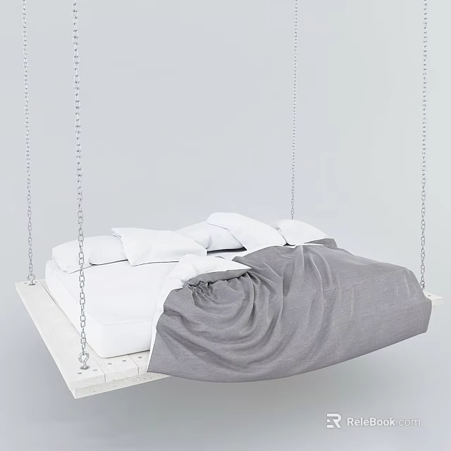 Modern Suspended Double Bed With White Pillows Gray Blanket And Chains 3d model 