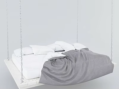 Modern Suspended Double Bed With White Pillows Gray Blanket And Chains 3d model