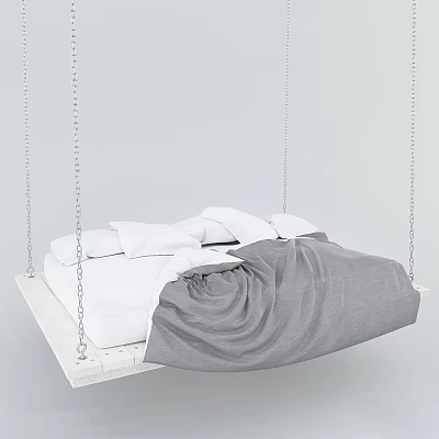 Modern Suspended Double Bed With White Pillows Gray Blanket And Chains 3d model