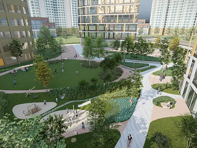 Residential Community Landscape with Lush Greenery Walking Paths and Recreational Zones for Outdoor Activities 3d model