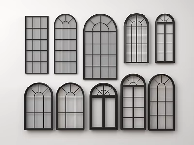 Casement Windows In Various Shapes With Black Frames Displayed On White Background 3d model