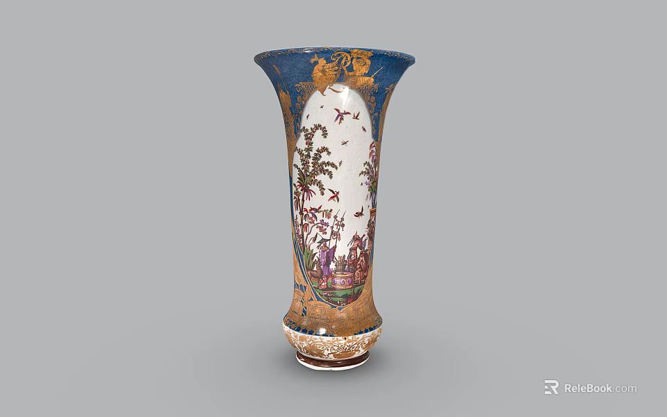 Exquisite Blue Ceramic Vase With Golden Decorations And Painted Figures On White Base 3d model 