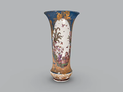 Exquisite Blue Ceramic Vase With Golden Decorations And Painted Figures On White Base 3d model