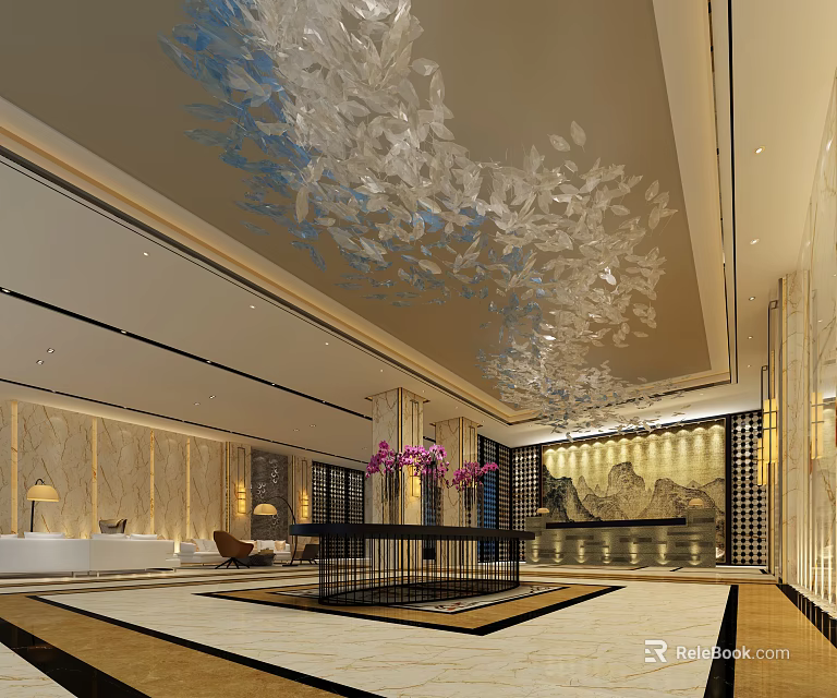 Luxurious Hotel Lobby With Leaf Shaped Ceiling Decor Sofa Seating And Landscape Wall 3d model