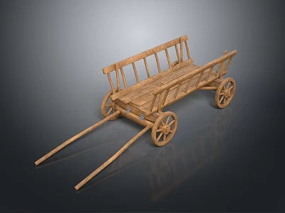 Vintage Wooden Handcart With Two Spoked Wheels And Wooden Frame Handle 3d model