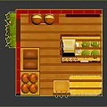 Cartoon Style Bakery Shop Interior With Fruits Bread Display Case And Yellow Red Cabinets
