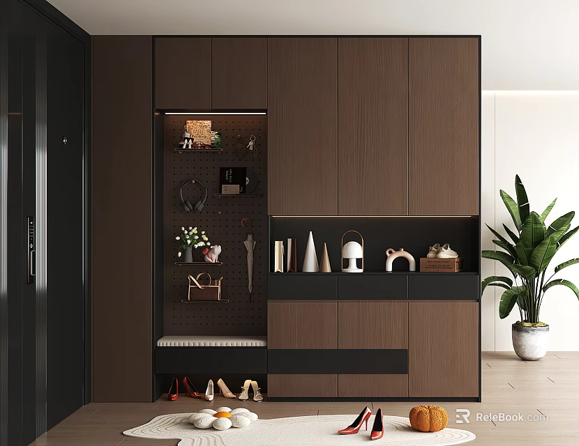 Modern Wooden Shoe Cabinet Design With Storage Shelves And Hooks In Entryway 3d model 