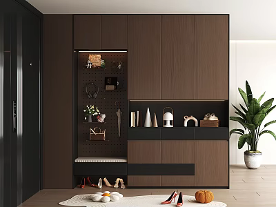 Modern Wooden Shoe Cabinet Design With Storage Shelves And Hooks In Entryway 3d model