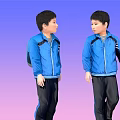 Men in Blue Jackets and Black Pants Carrying Backpacks Against Gradient Purple Pink Background