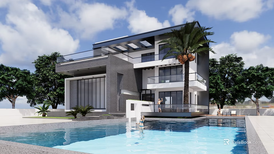 Modern Detached Villa With Swimming Pool Palm Tree Balcony And Glass Windows 3d model 