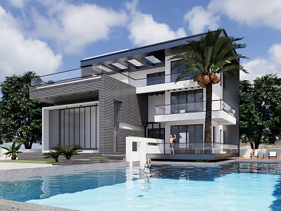 Modern Detached Villa With Swimming Pool Palm Tree Balcony And Glass Windows 3d model