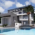 Modern Detached Villa With Swimming Pool Palm Tree Balcony And Glass Windows