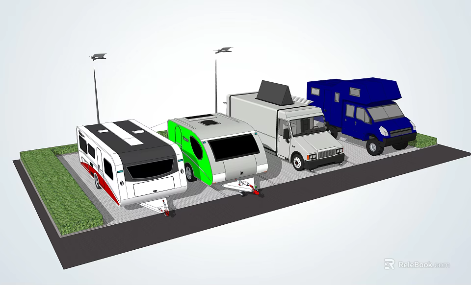 Recreational Vehicles Of Various Colors And Types Parked In Area With Street Lamps And Grass 3d model 