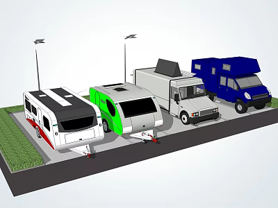 Recreational Vehicles Of Various Colors And Types Parked In Area With Street Lamps And Grass 3d model