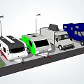 Recreational Vehicles Of Various Colors And Types Parked In Area With Street Lamps And Grass