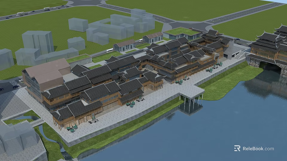 Traditional Commercial Street Waterfront With Ancient Architecture Outdoor Seating And Greenery 3d model 