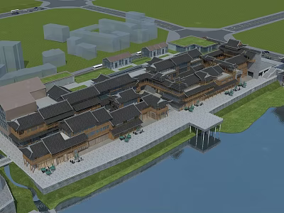 Traditional Commercial Street Waterfront With Ancient Architecture Outdoor Seating And Greenery 3d model