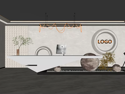 Modern Reception Area Design With White Desk Computer Copper Chandelier Circular Decor LOGO And Plants 3d model
