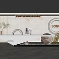 Modern Reception Area Design With White Desk Computer Copper Chandelier Circular Decor LOGO And Plants