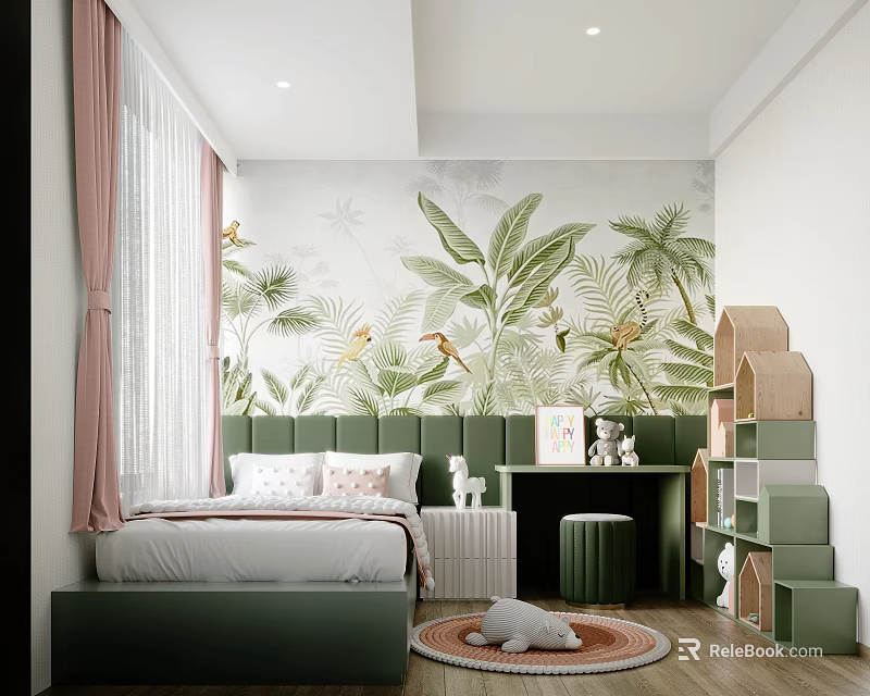 Kids Room Interior With Tropical Plant Mural Green Headboard And Pink Curtains 3d model 