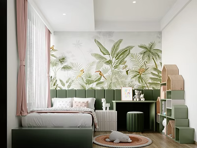 Kids Room Interior With Tropical Plant Mural Green Headboard And Pink Curtains 3d model