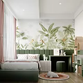 Kids Room Interior With Tropical Plant Mural Green Headboard And Pink Curtains