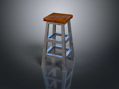 Modern Design Stool With Brown Wooden Seat And Metal Cross Support Legs 3d model
