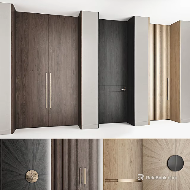Minimalist Modern Hinged Doors with Wood Finishes Dark Light Tones and Metal Recessed Handles 3d model 