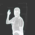 Shirtless Man With Raised Arm Waving Hand Against Dark Background