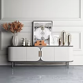 Modern Elegant TV Stand With White Cabinets Gold Frame Dried Flowers And Decorative Artworks