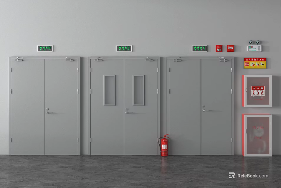Gray Fire Doors With Red Fire Extinguisher And Emergency Exit Signs And Warning Posters 3d model 