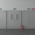 Gray Fire Doors With Red Fire Extinguisher And Emergency Exit Signs And Warning Posters