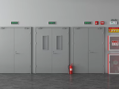 Gray Fire Doors With Red Fire Extinguisher And Emergency Exit Signs And Warning Posters 3d model