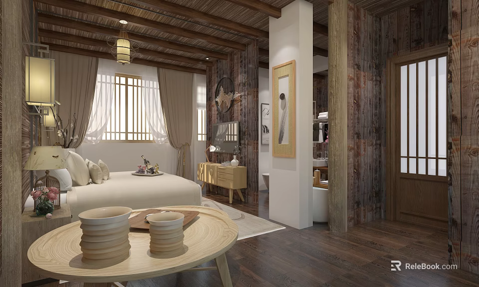 Traditional Chinese Hotel Guest Room With Wooden Ceiling Lantern Light And Decorative Paintings 3d model 