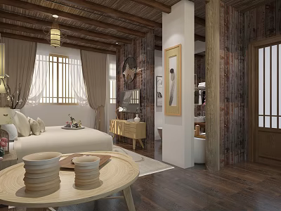 Traditional Chinese Hotel Guest Room With Wooden Ceiling Lantern Light And Decorative Paintings 3d model