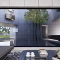Modern Sales Office Building With Stone Facade And Tree Surrounded Entrance Walkway