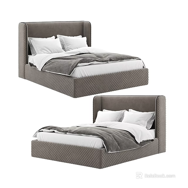 Gray Upholstered Double Bed With Diamond Pattern Headboard White Sheets And Blanket 3d model
