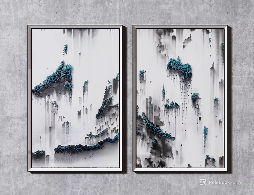 Modern Abstract Wall Art With Blue Black Brushstrokes And Black Frames 3d model