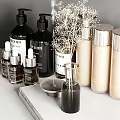 Modern Bathroom Accessories On Shelves With Hair Dryer Skincare Bottles Towels And Dried Flowers